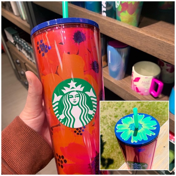 Starbucks Red/Orange Coral Dancing Blooms Plastic Cold Cup Tumbler